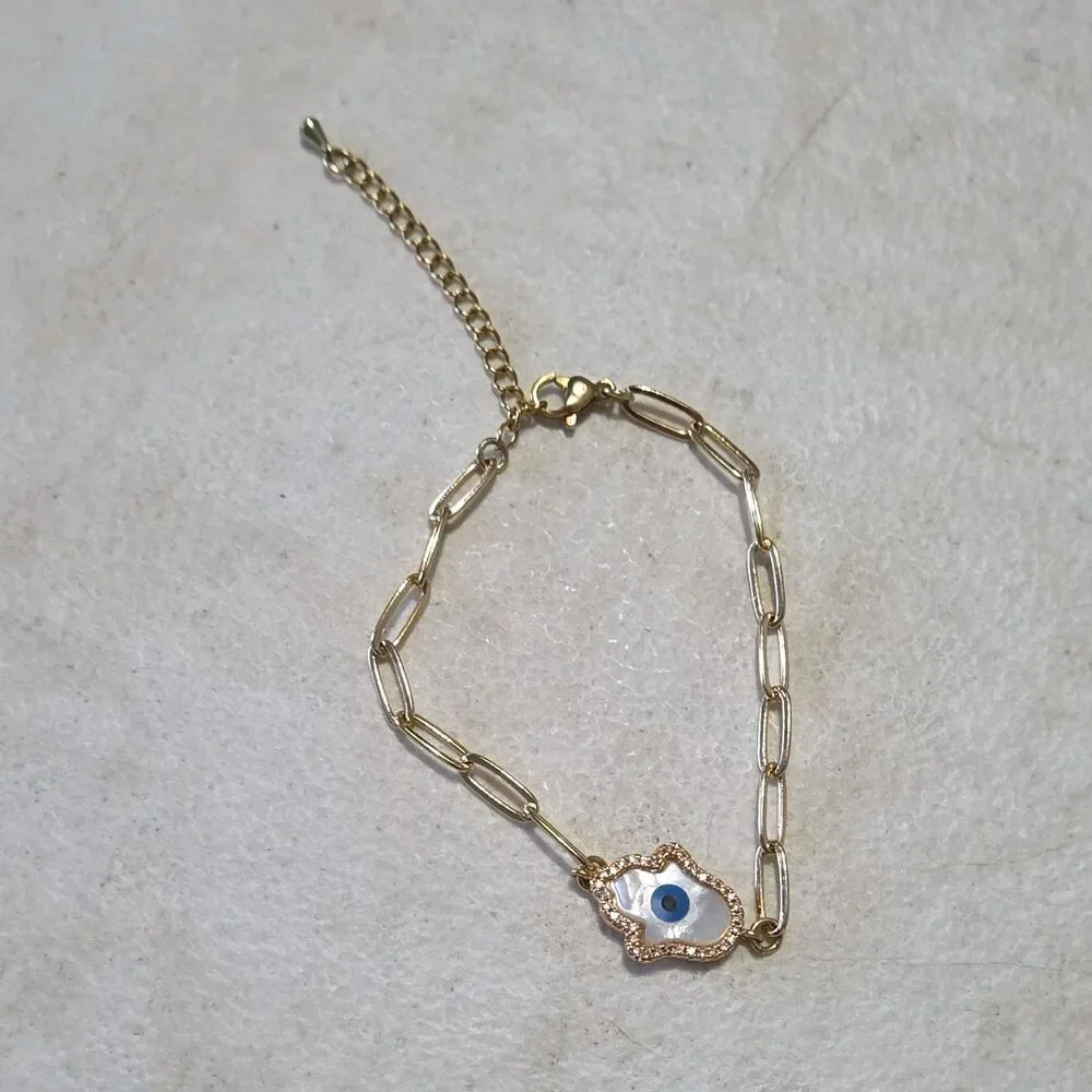 Gold Tone Paperclip Chain Evil Eye Hand Dangle Charm Bracelet, Lobster Clasp